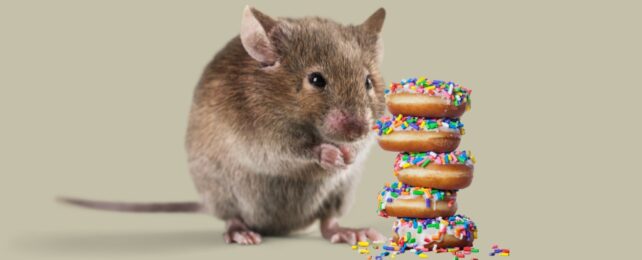 A mouse with a stack of donuts iced with hundreds and thousands