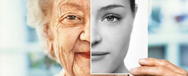 Old Woman Holds Her Young Photo Up