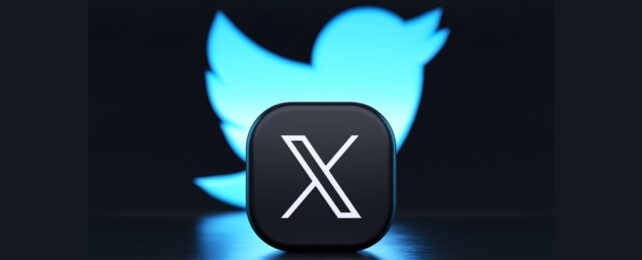 Twitter blue bird on dark background with X logo in foreground