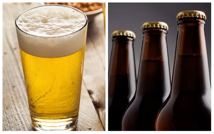 beer in a glass, and in bottles