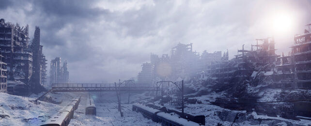 devastated city landscape under a cloudy sky