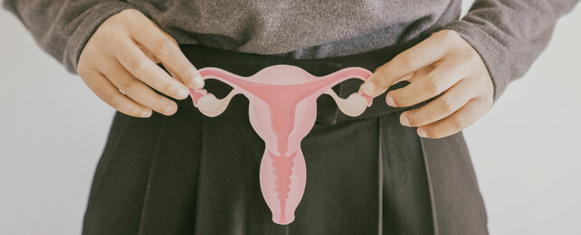 woman holding cardboard image of a uterus in front of her abdomen