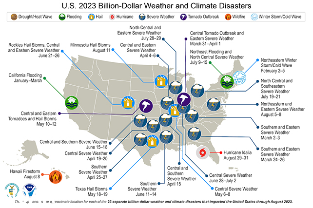 map of US displaying locations and details of 2023's natural disasters