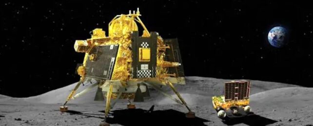 Concept art of lander and rover on the moon with earth in the background