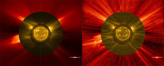 Two composite images of the sun from EUI's imager, using the occulting disk modification. Image on the right shows more detail of solar weather than the image on the left.
