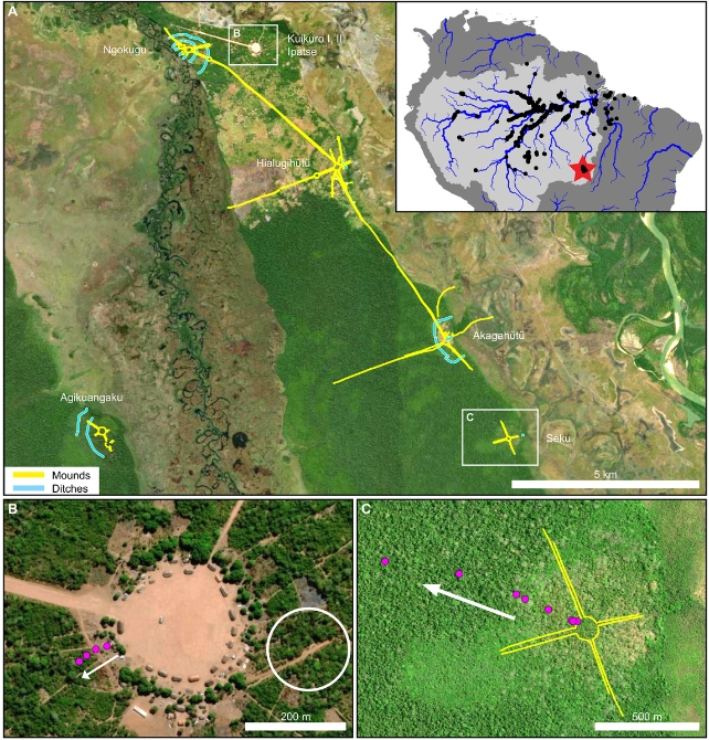 Upper Xingu River study area showing locations of the modern and historic Kuikuro villages and five archaeological sites