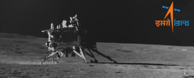 Black and white photo of Chandrayaan-3 on the moon's surface.