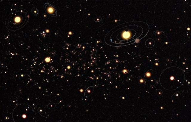 stars with glowing orbits indicating planets