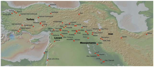 Map of Middle East showing locations of the archaeological remains studied.