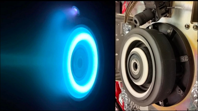 A blue glow emitting from a circular device, and an image of a similar device on the left 