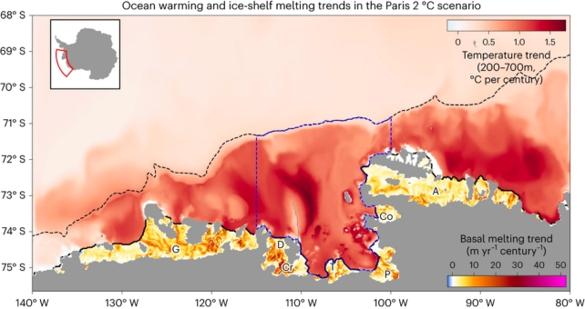 A map of trends in ocean temperature and ice-shelf melting in the Paris 2 °C scenario.