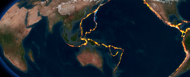 Map of tectonic plate boundaries along Pacific 'Ring of Fire'.