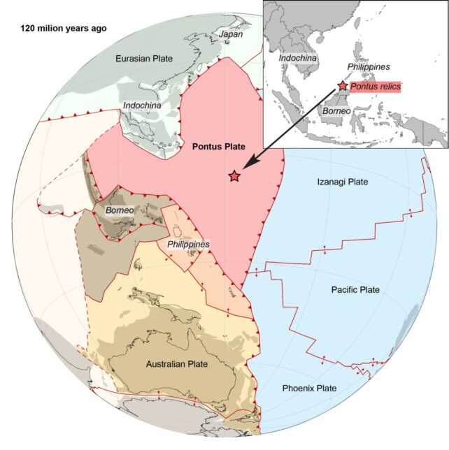 Map of ancient tectonic plate that existed 120 million years ago between Australia and Eurasia. 