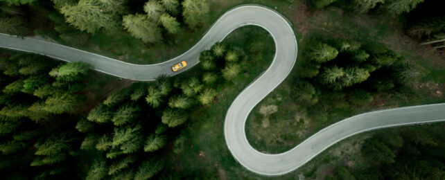 Overhead view of car driving on S-shaped road through forest