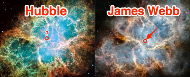Images of the crab nebula taken by hubble and james webb telescopes are shown side by side. in the james webb image, a pulsar is far more visible in the center.