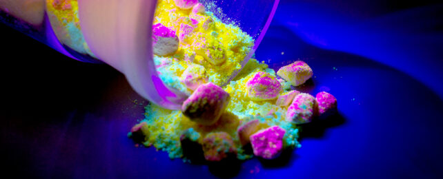 flourescent chemicals poured from a bottle onto a dish