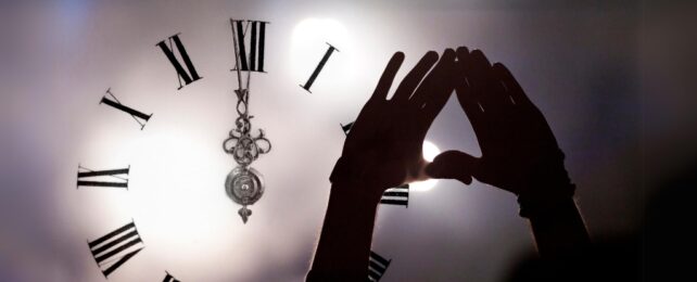 hands shielding light in front of clock close to midnight