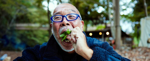 Grey haired man with blue glasses eating green vegetables outside.
