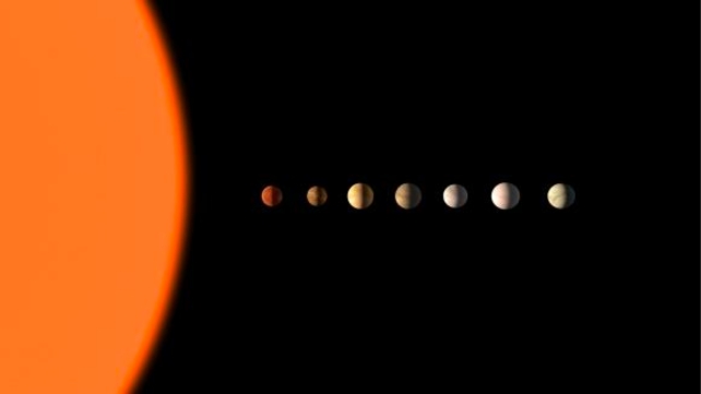 One huge orange planet's edge shown on left with seven smaller planets across the image on a black background
