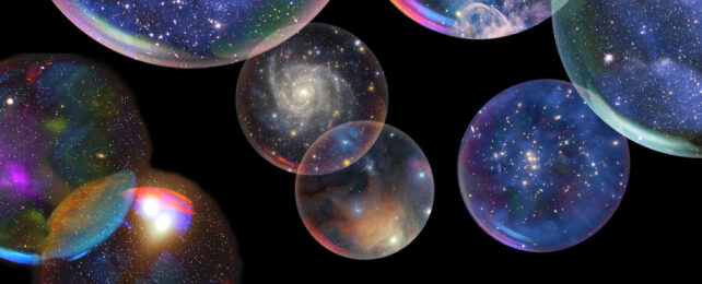 Illustration of bubbles with galaxies, stars and nebula within