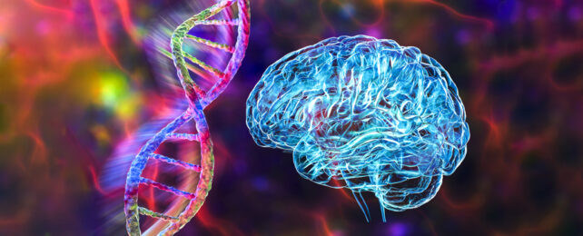 neon colored DNA and brain outlines on psychedelic background