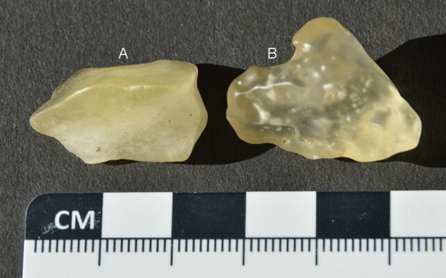 Two chunks of yellowish glassy and milky opaque rock