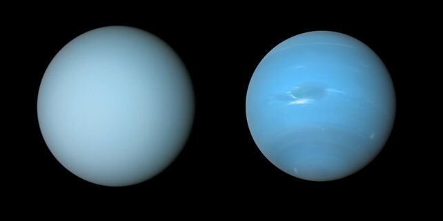 Blue featureless sphere of Uranus on the left and Neptune with some features on the right