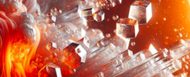 Crystal like structures rising from fiery liquid