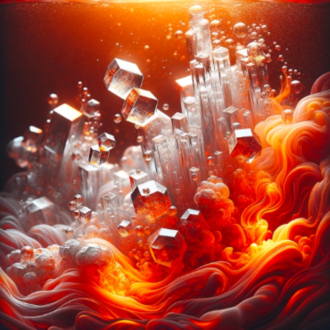 Crystal-like structures rising from the fiery liquid