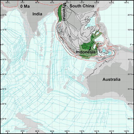 a map showing the region of australia, indonesia, south china and india as it exists today. sections in indonesia and myanmar are coloured green to show fragments of argoland.