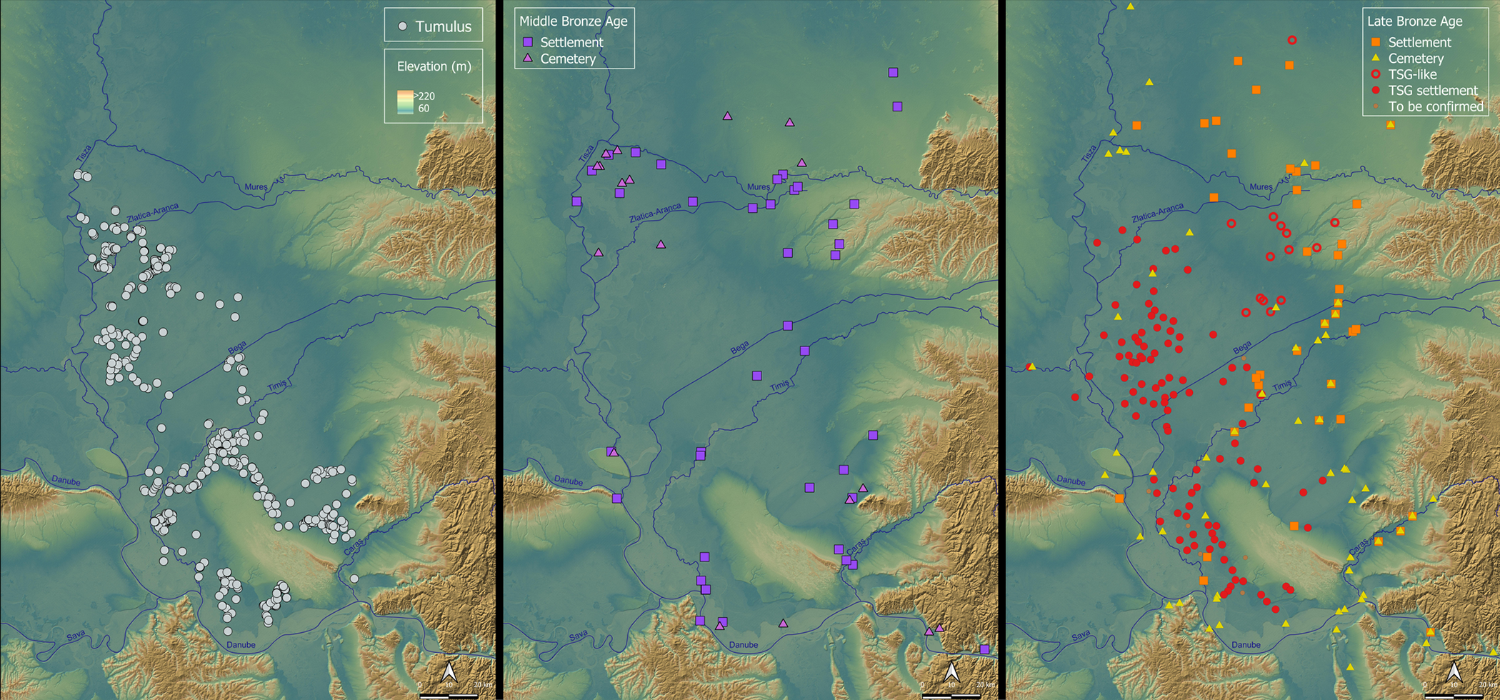 three of the same map are presented with different dots showing landmark distribution -from left to right, tumuli (graves), middle bronze age settlements, and late bronze age settlements.