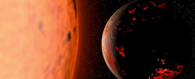 planet with molten surface near red coloured star