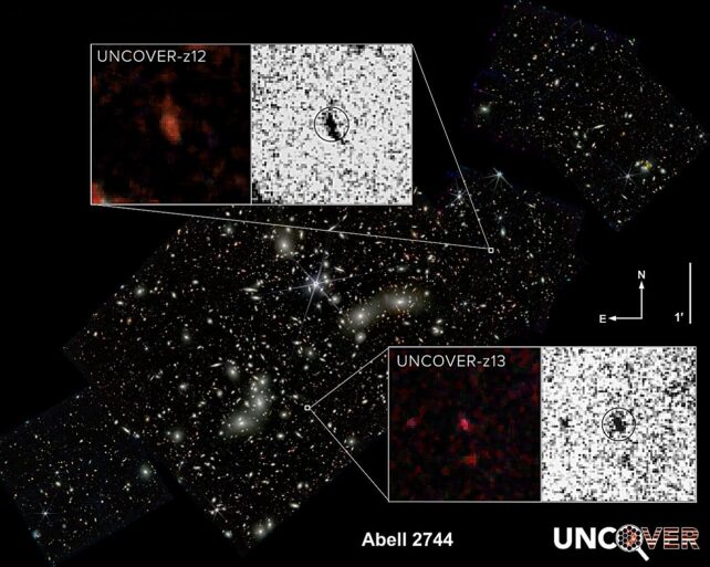 Image of galaxies with highlight boxes showing the new discoveries