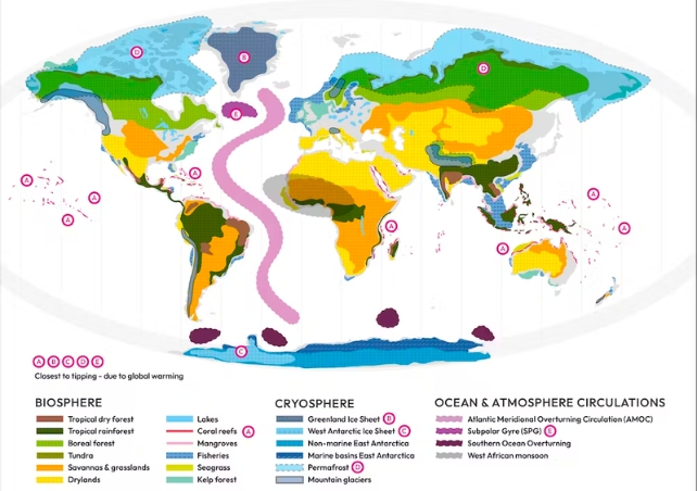 Parts of the Earth system identified as featuring tipping points