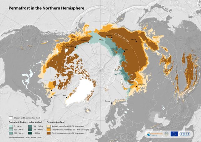Map showing permafrost extents in the northern hemisphere