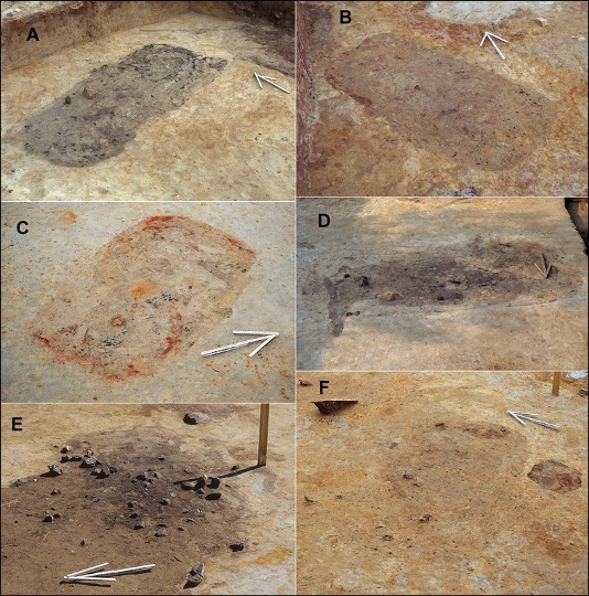 Composite image of possible burial pits with markers of archaeological excavation placed alongside them.