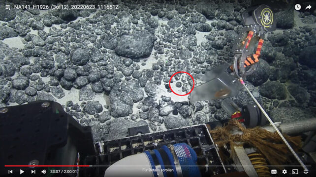 Footage of rocky ocean floor captured by remotely operated submersible; control panel of vessel in foreground.