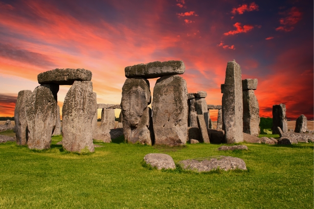 stonehenge with red sky colors