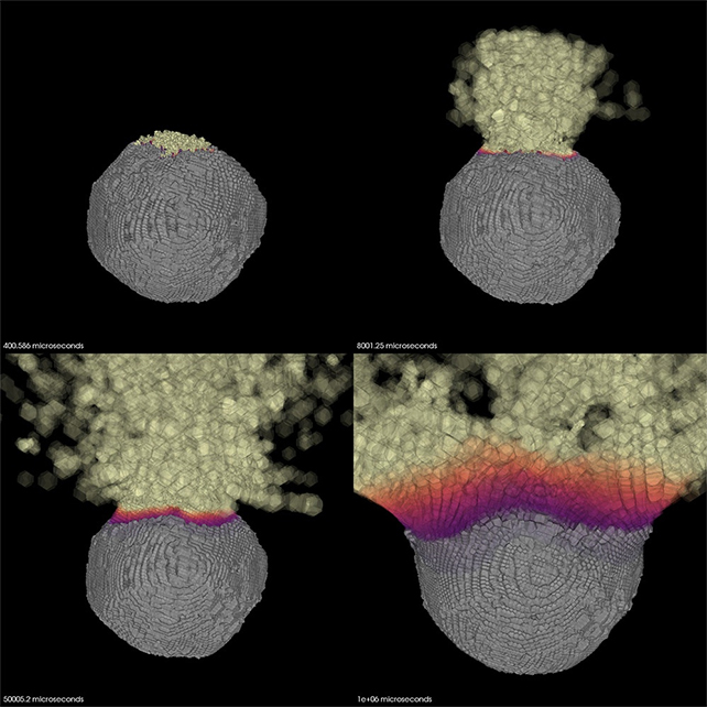 model showing four images of an asteroid releasing debris