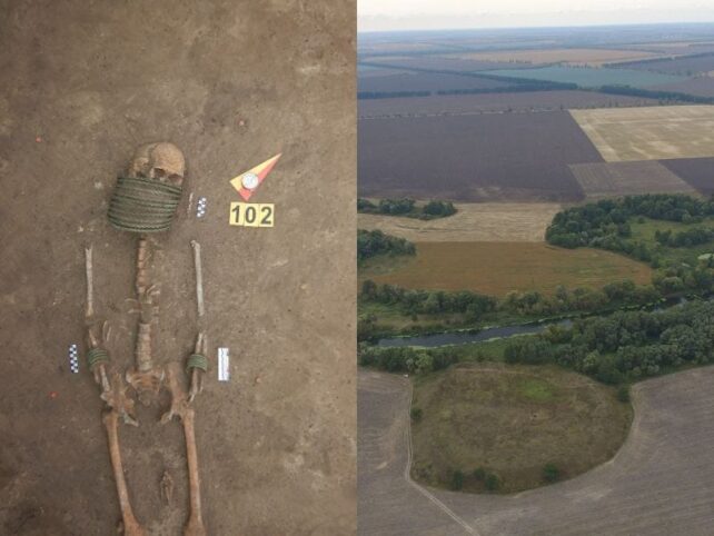 Side by side image showing a skeleton and an aerial shot of the site