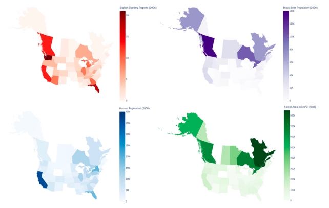 Choropleth maps for sasquatch reports, black bear (Ursus americanus) populations, human populations and forest areas across the United States and Canada.