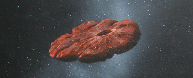 Painting of a thick, plate-like asteroid with craters on it