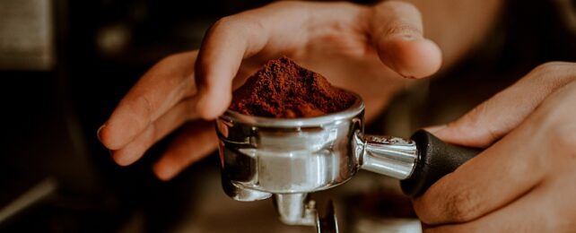 A coffee tamp in someone's hand