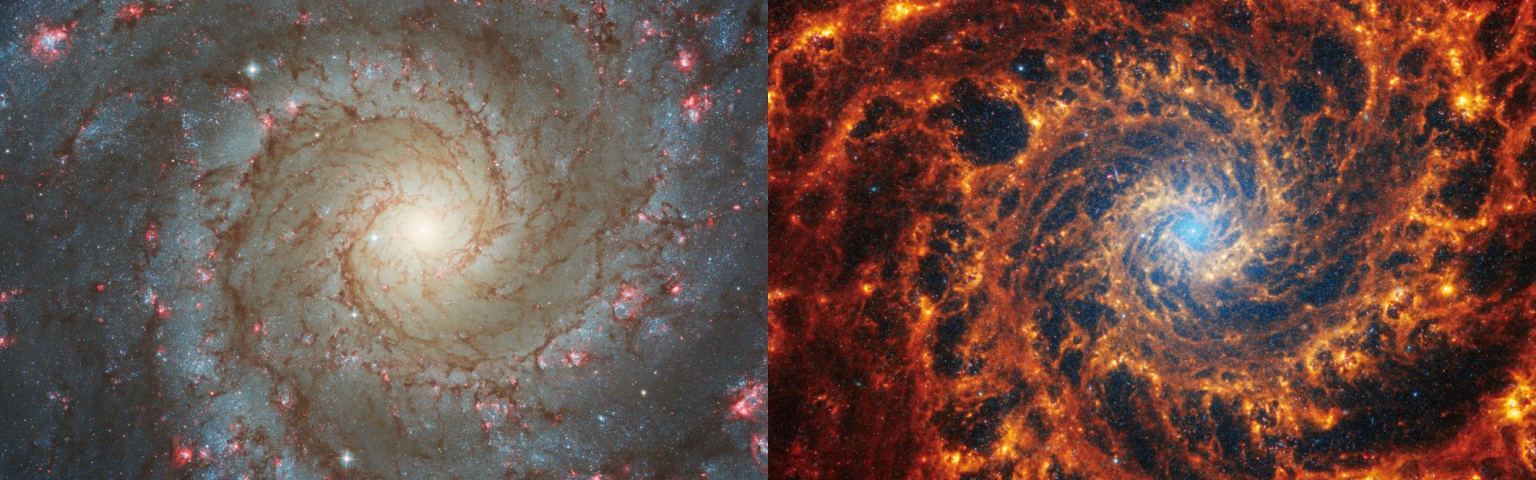 Hubble- (links) und JWST-Ansicht (rechts) von Spiralgalaxien