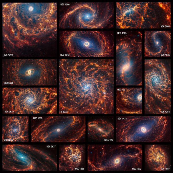 A collection of 18 different images of spiral galaxies in red, yellow and blue