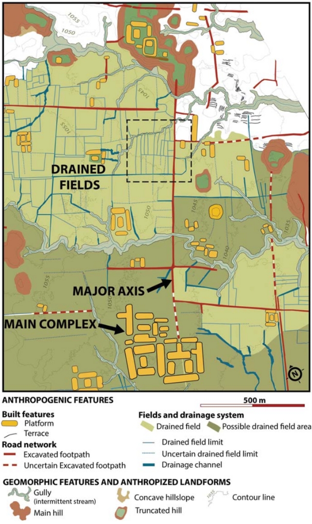 Anthropogenic features in the center of the Kilamope site, including residential platforms, dug footpaths, and agricultural structures.