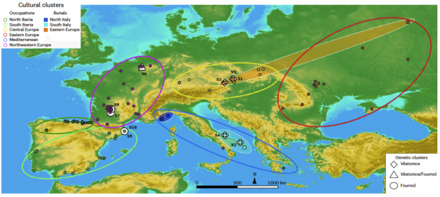 Map of continental Europe with circles identifying location of nine distinct cultural groups.