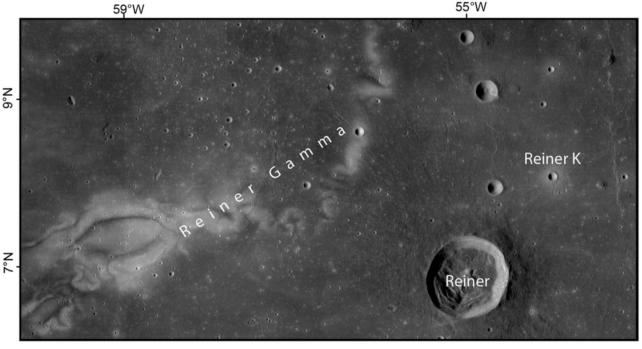 Black and white satellite image showing location of the Reiner Gamma lunar swirl and nearby craters.