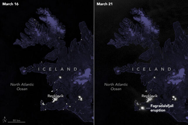 Un'immagine composita del cielo notturno sopra l'Islanda mostra un punto luminoso che rappresenta un'eruzione vulcanica.