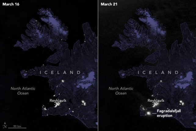 Composite image of night sky over Iceland showing bright spot representing volcanic eruption.